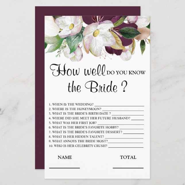 How well know the Bride Floral Bridal Game (Front/Back)