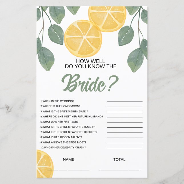 How well know the Bride Floral Bridal Game Lemon (Front)