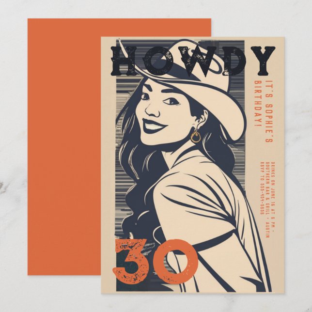 Howdy 30 Western Retro Orange Navy 30th Birthday Invitation (Front/Back)