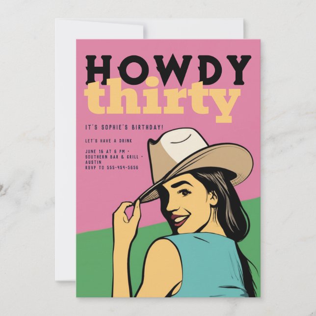 Howdy 30 Western Retro Pink Green 30th Birthday Invitation (Front)