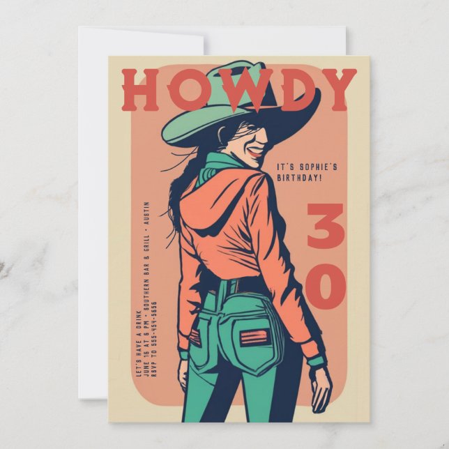 Howdy 30 Western Retro Pink Poster 30th Birthday Invitation (Front)