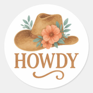 Howdy Boho Western Cowboy Hat Floral Watercolor Classic Round Sticker