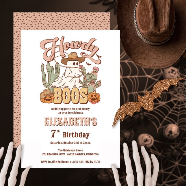 Howdy Boos Ghost Halloween Birthday Party Invitation ("Howdy Boos" Halloween western-themed girl's birthday party design)