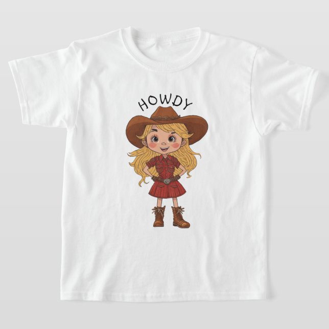 Howdy Cartoon Cowgirl Country Cowboy Hat Kids Gift T-Shirt (Laydown)