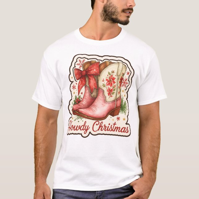 Howdy Christmas Cowboy Boots Holiday T-Shirt (Front)