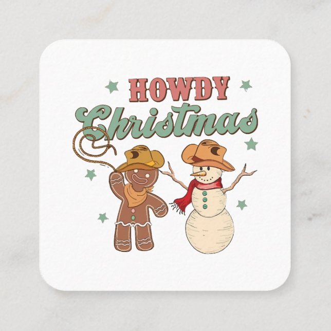 Howdy Christmas Cowboy Snowman Western Funny Square Business Card (Back)