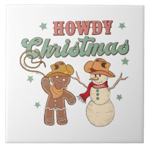 Howdy Christmas Cowboy Snowman Western Funny Tile