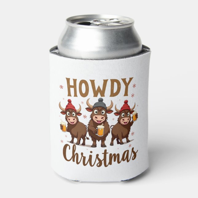 Howdy Christmas Funny Highland Cow Xmas Cows Lover Can Cooler (Can Front)