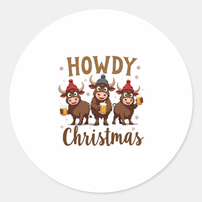 Howdy Christmas Funny Highland Cow Xmas Cows Lover Classic Round Sticker (Front)