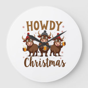 Howdy Christmas Funny Highland Cow Xmas Cows Lover Large Clock