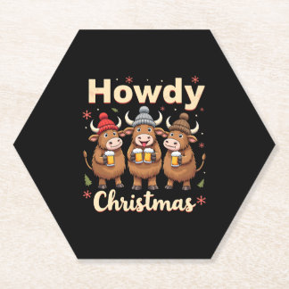 Howdy Christmas Funny Highland Cow Xmas Cows Lover Paper Coaster