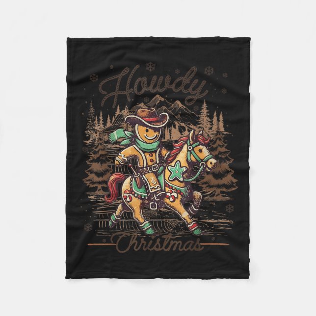 Howdy Christmas Gingerbread Cowboy Ride Horse West Fleece Blanket (Front)