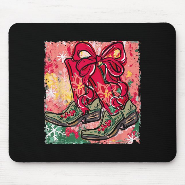 Howdy Christmas Merry Christmas Bow Boots Cowgirl  Mouse Mat (Front)