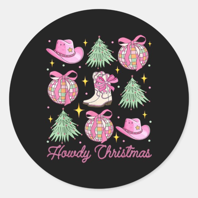Howdy Christmas Pink Coquette Bow Xmas Tree Wester Classic Round Sticker (Front)