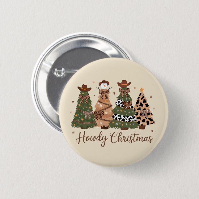 Howdy Christmas Western Retro Tree Cowboy Cowgirl  6 Cm Round Badge (Front & Back)