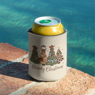 Howdy Christmas Western Retro Tree Cowboy Cowgirl Can Cooler