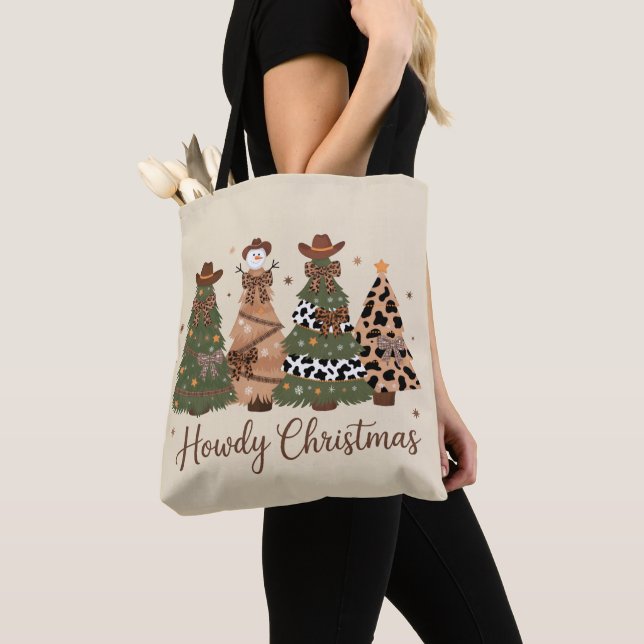 Howdy Christmas Western Retro Tree Cowboy Cowgirl  Tote Bag (Close Up)