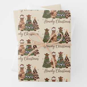 Howdy Christmas Western Retro Tree Cowboy Cowgirl Wrapping Paper Sheet