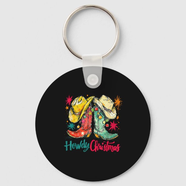 Howdy Christmas Xmas Cowboy Boots Western Pajamas  Key Ring (Front)