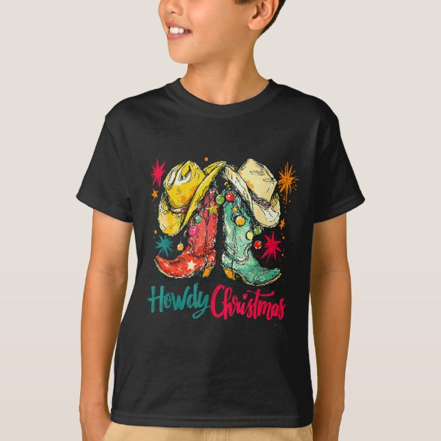 Howdy Christmas Xmas Cowboy Boots Western Pajamas  T-Shirt (Front)