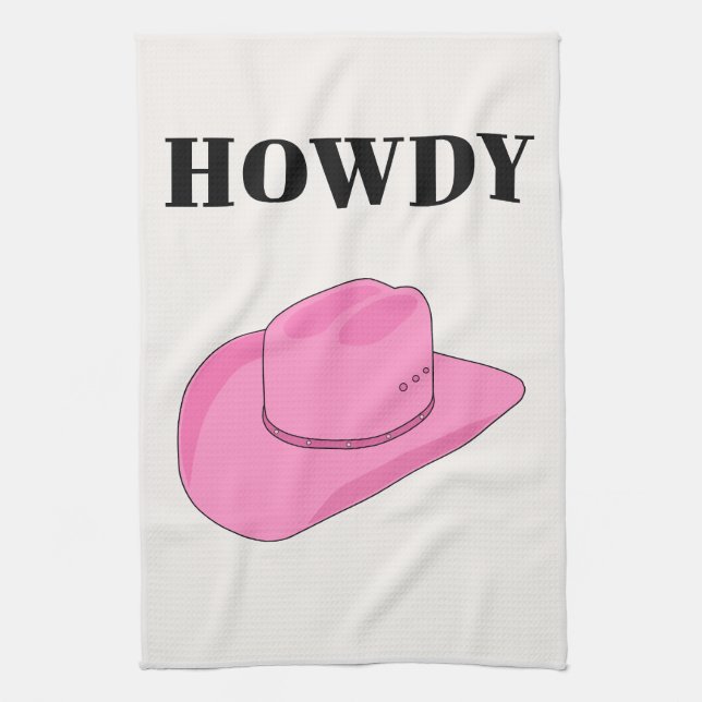 Howdy Cowboy Hat Pink Tea Towel (Vertical)