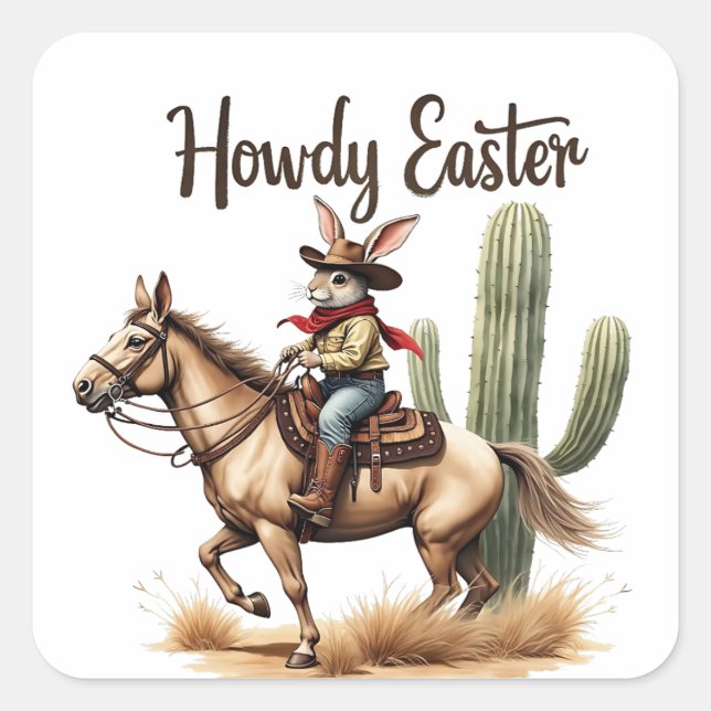 Howdy Easter Bunny Riding a Horse Cowboy  Square Sticker (Front)