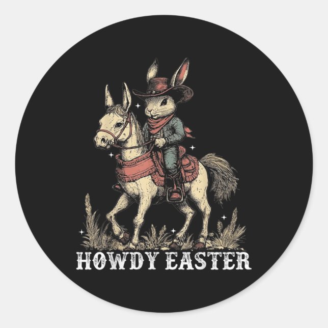 Howdy Easter Bunny Riding Horse Western Bunny Cowb Classic Round Sticker (Front)
