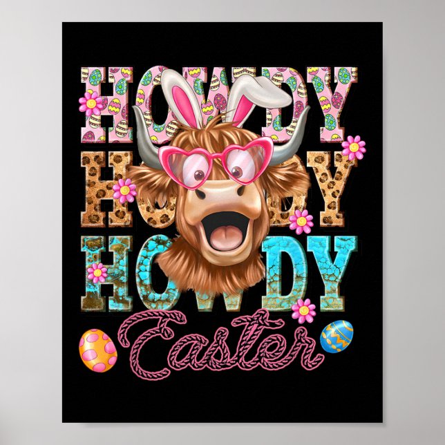Howdy Easter Cute Cow Easter Western Easter Bunny  Poster (Front)