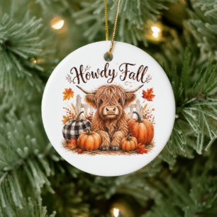 Howdy Fall Highland Cow Happy Thanksgiving Autumn Ceramic Tree Decoration