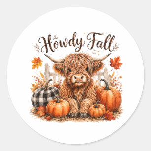 Howdy Fall Highland Cow Happy Thanksgiving Autumn Classic Round Sticker