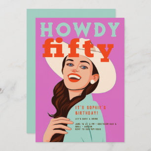 Howdy Fifty Western Retro Brown Pink 50th Birthday Invitation