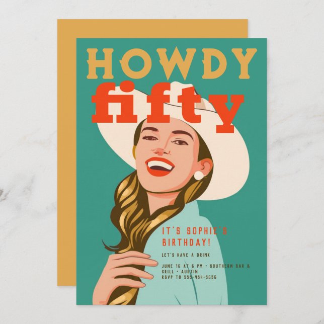 Howdy Fifty Western Retro Chic Green 50th Birthday Invitation (Front/Back)