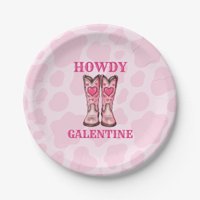 Howdy Galentine Pink Western Cowgirl Paper Plate (Front)