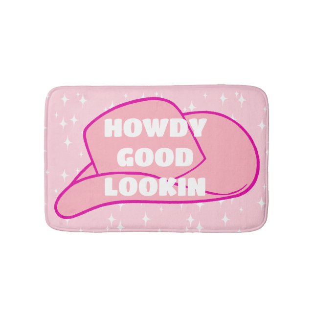 Howdy Good Lookin Rancher Cowboy Hat Pink Dorm Bath Mat (Front)