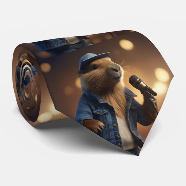 "Howdy Harmonics: The Denim-Clad Capybara Crooner" Tie (Rolled)