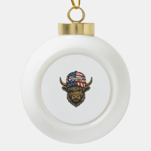 Howdy Highland Cow Patriotic Vintage Western Desig Ceramic Ball Christmas Ornament