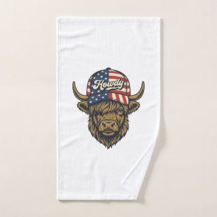 Howdy Highland Cow Patriotic Vintage Western Desig Hand Towel