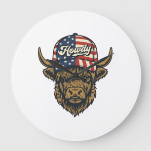 Howdy Highland Cow Patriotic Vintage Western Desig Large Clock