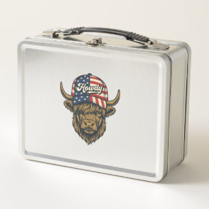 Howdy Highland Cow Patriotic Vintage Western Desig Metal Lunch Box
