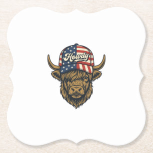 Howdy Highland Cow Patriotic Vintage Western Desig Paper Coaster