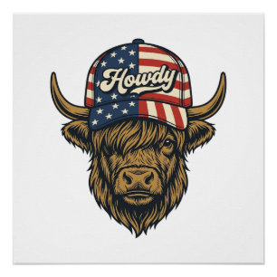 Howdy Highland Cow Patriotic Vintage Western Desig Poster