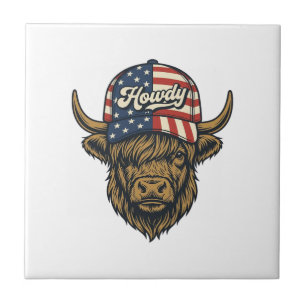 Howdy Highland Cow Patriotic Vintage Western Desig Tile