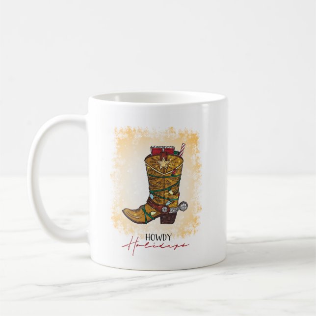 Howdy Holidays Christmas Lights Cowboy Boot Coffee Mug (Left)