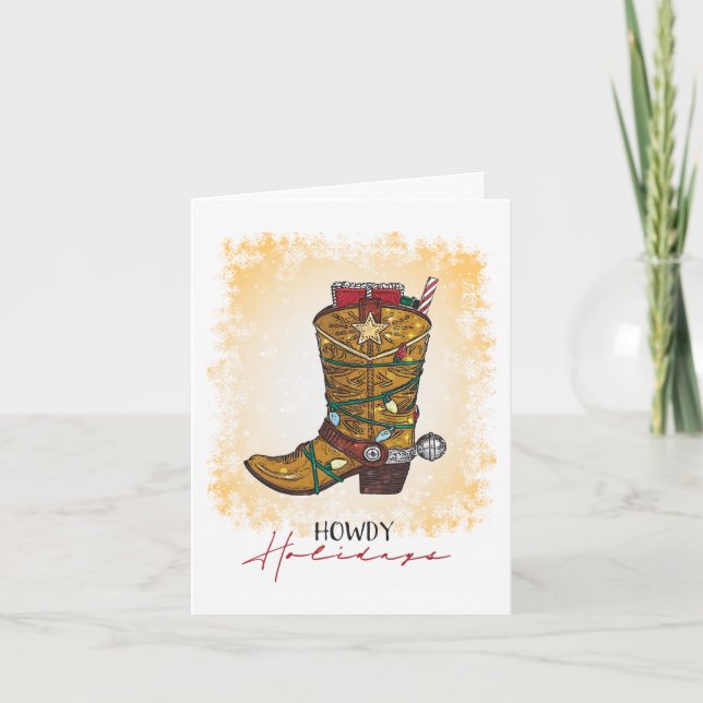 Howdy Holidays Christmas Lights Cowboy Boot Holiday Card (Front)