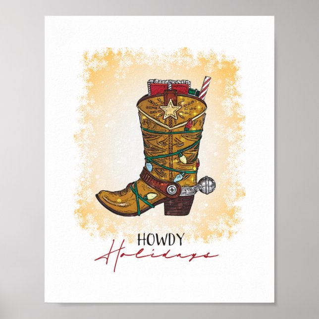 Howdy Holidays Christmas Lights Cowboy Boot Poster (Front)