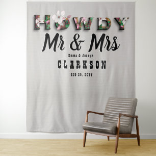 Howdy Mr and Mrs Rustic Floral Linen Wall Backdrop Tapestry
