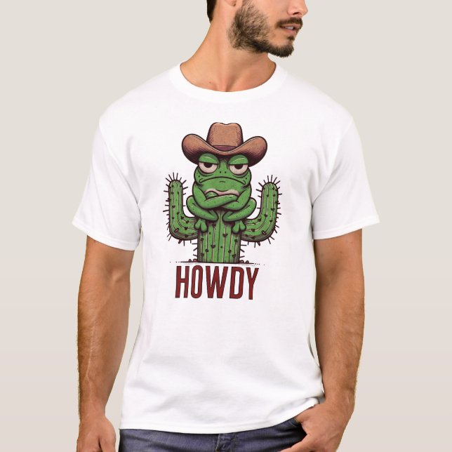 Howdy Partner! Amusing Western-Style Frog Cowboy T-Shirt (Front)