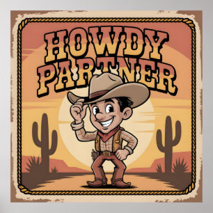"Howdy Partner" Retro Cowboy Sunset Illustration Poster