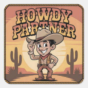 "Howdy Partner" Retro Cowboy Sunset Illustration Square Sticker