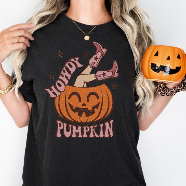 Howdy Pumpkin Funny Halloween T-Shirt (Howdy Pumpkin, funny halloween shirt, pink cowgirl boots, fall shirt, halloween, spooky)